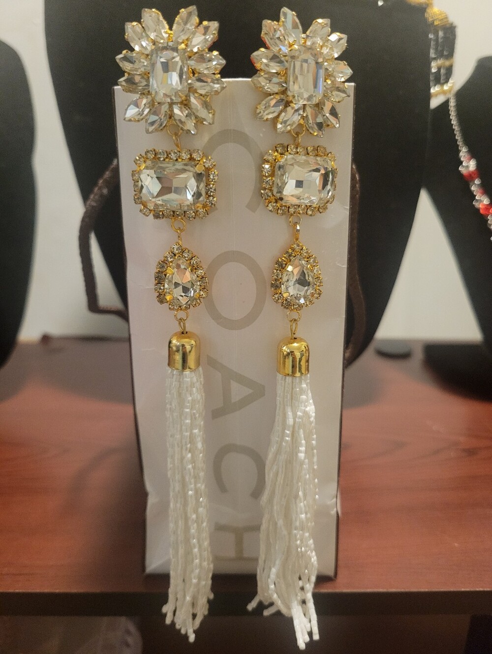 Crystal Drop Tassel Earrings — White & Gold Statement Jewelry
